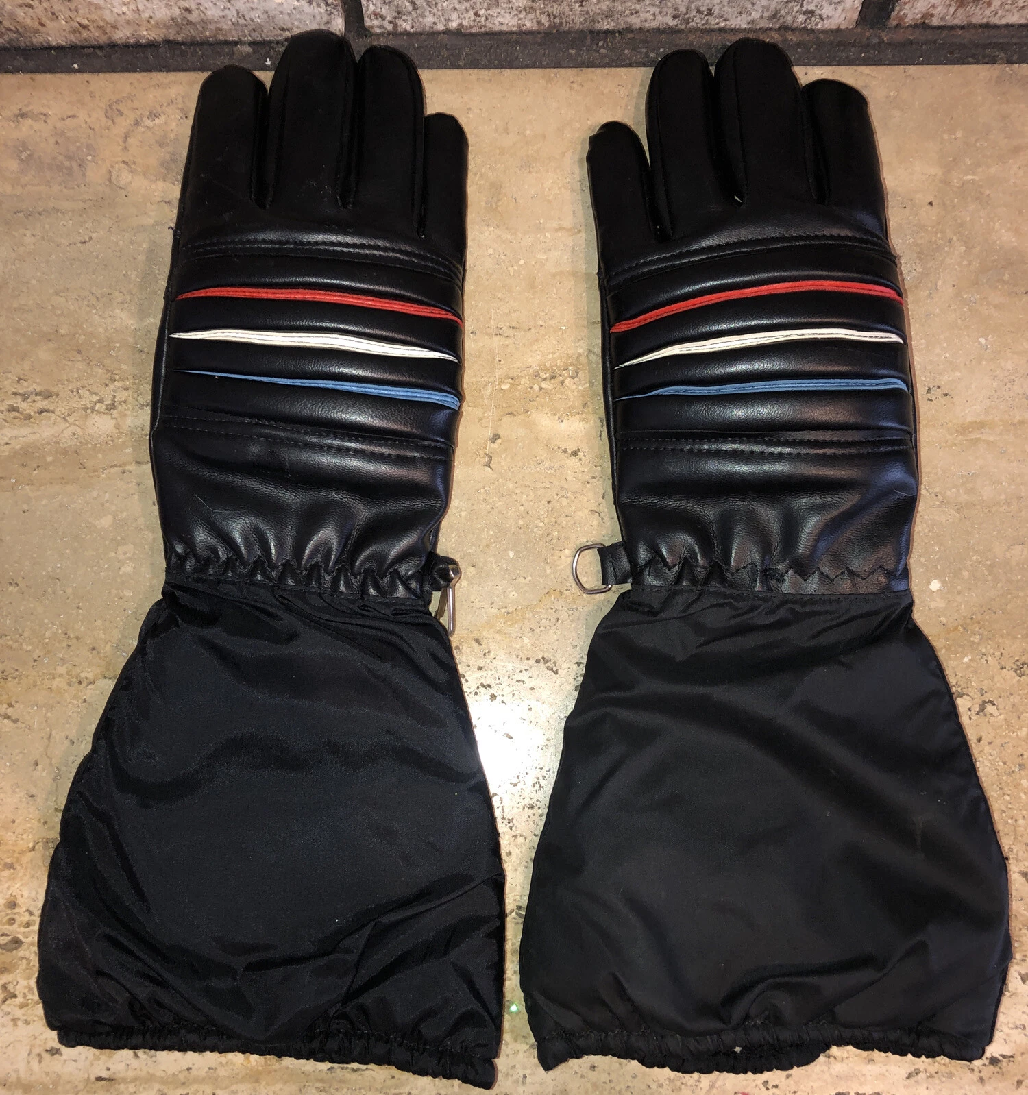 Ladies sz M Black with Red White Blue Stripes Snowmobile Winter Ski Gloves JAPAN