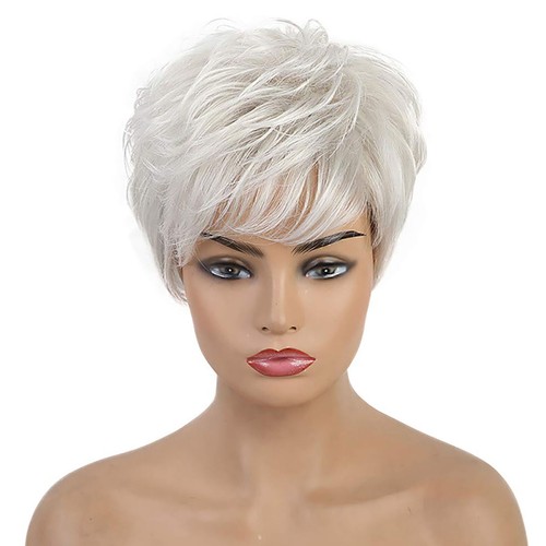 Women's Short Curly Wavy Silver Gray Wig Heat Resistant Synthetic Hair Full Wigs - Picture 3 of 5