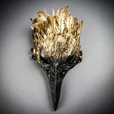 Black Raven Skull Long Nose w/ Gold Feather Halloween Masquerade Party Face Mask