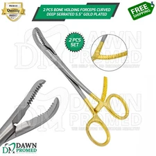 2 Pcs Bone Holding Forceps Curved Serrated 5.5" Gold Plated Instrument German Gr