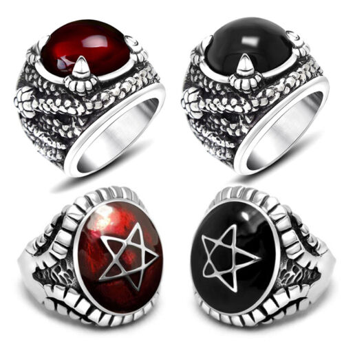 Edelstahl Ring Stein Gothic Schlange Kralle Pentagram rot schwarz Bikerschmuck - Bild 1 von 9