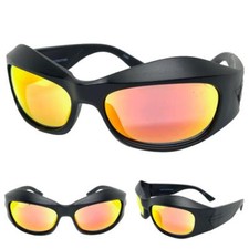 Oversized RETRO Sporty Wrap Party Raver SUN GLASSES Large Black Frame Gold Lens
