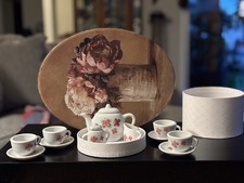 Child's Mini Ceramic Tea Set w/Red Butterflies-13 piece w/cups, saucers, teapot