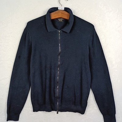 Massimo Dutti Mens XL Extrafine Cotton Navy Waffle Knit Full Zip Sweater Collar
