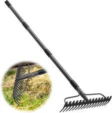 Rake, 17 Tines with 49 Inch Handle, 17 Inch Wide Heavy Duty Garden Thatch Leaf R