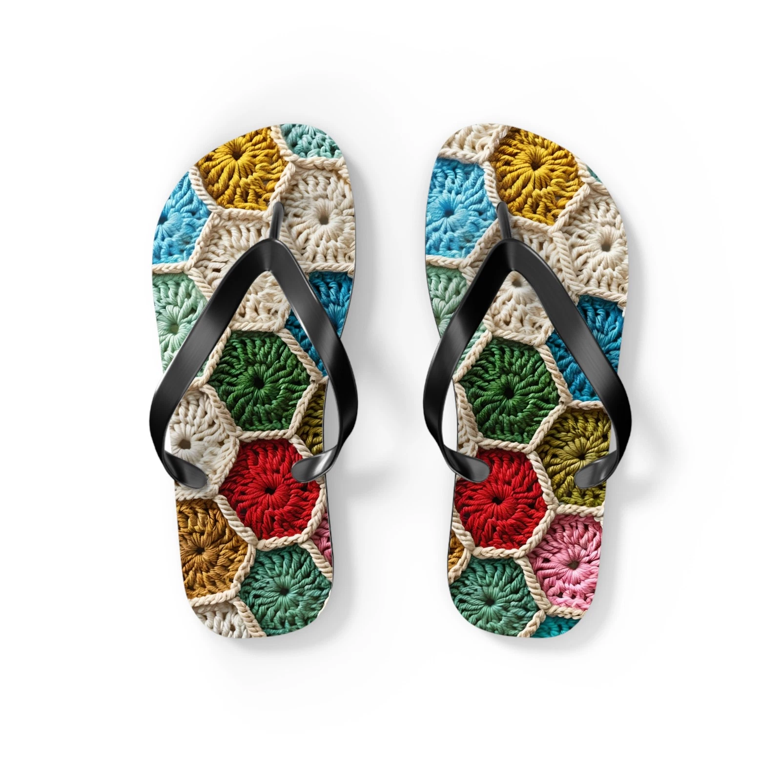 Crochet Granny Hexagon Pattern Flip Flops | Colorful Knit Motif Sandals
Opens in a new window or tab