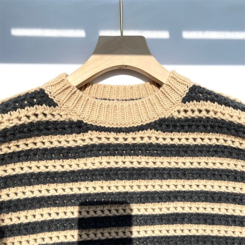 Brunello Cucinelli Womens Striped Long-sleeved Knitted Hollow Wool Sweater - Image 2 of 4