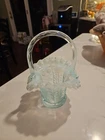 Vintage Fenton Butterflies & Berries Light Blue Opalescent Glass Basket