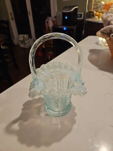 Vintage Fenton Butterflies & Berries Light Blue Opalescent Glass Basket