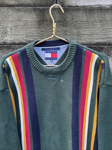 Maglione Tommy Hilfiger vintage logo a righe colorblock 100% cotone XL VECCHIO LOGO RARO - Foto 2 di 24