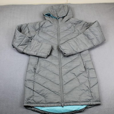 Outdoor Research Jacket Womens Large Gray Down Parka Hooded Pertex QuantumPro