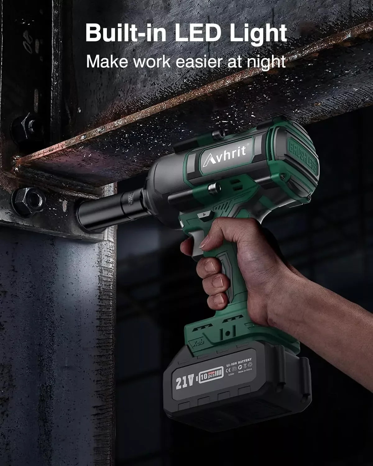 AVHRIT 1/2" Cordless Brushless Impact Wrench 1000Nm(738Ft-lbs) w/ 2x5.0Ah for Ma