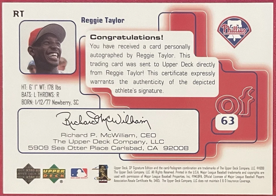 Reggie Taylor 1999 SP Signature Gold Autograph /50 #D 42/50 Phillies - Image 2 of 2