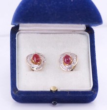 Vintage Alter Stil Ohrringe Set 23k Gold Diamanten 3ct Cabochon Rubin Box