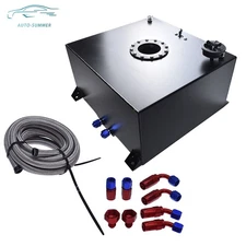 15 GALLON BLACK ALUMINUM FUEL CELL GAS TANK+CAP+LEVEL SENDER+STEEL FUEL LINE KIT