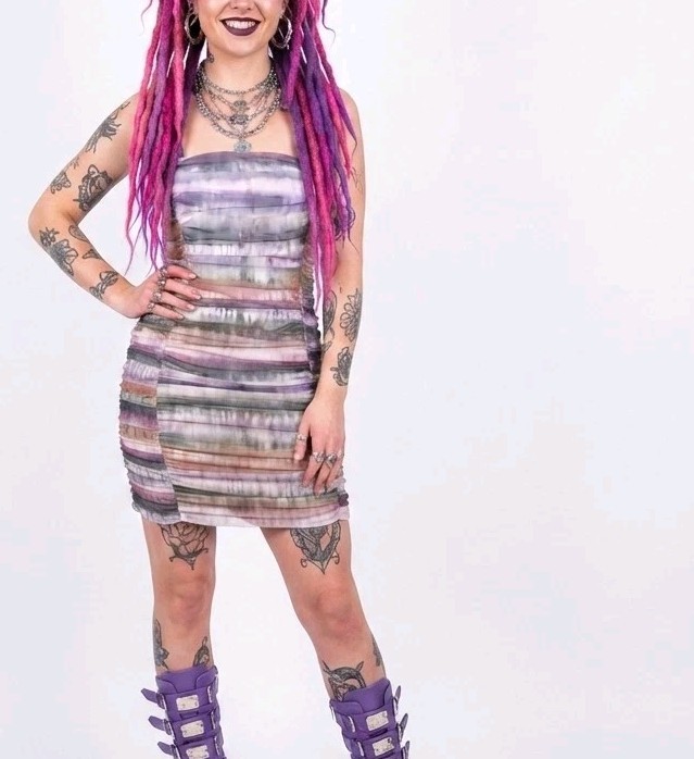 Nastygal Ruched Watercolor Mini Dress Bodycon 8 Clubbing Cocktail Rave Festival
