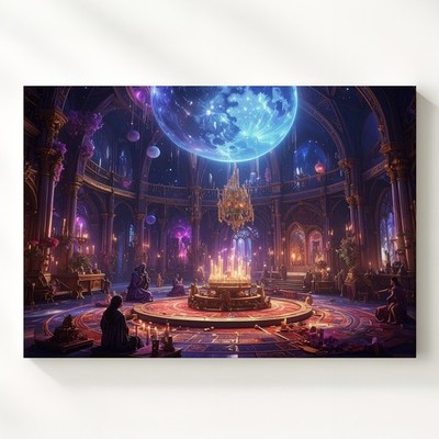 Lunar Gathering Canvasmystical Arcane Hall With Floating Candles And Crystals