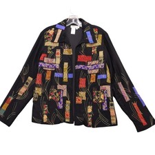 Coldwater Creek Black Rayon Patchwork Embroidered Open Front Jacket M