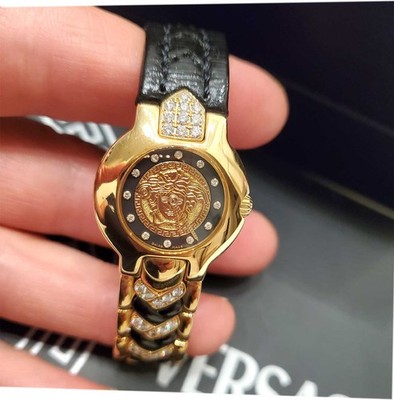18K VERSACE Diamonds Watch Gold/Onyx/Leather Medusa Face Limited Edition