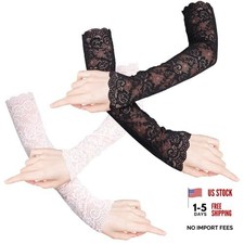 2 Pairs Women Arm Sleeves Long Sunscreen Gloves UV Protection Lace Solid