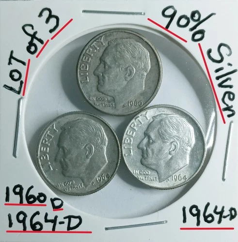 Rooseelt Dimes Lot of 3 90% Silver VG Condition1960-D1964-D1964-D Look @  &Judge