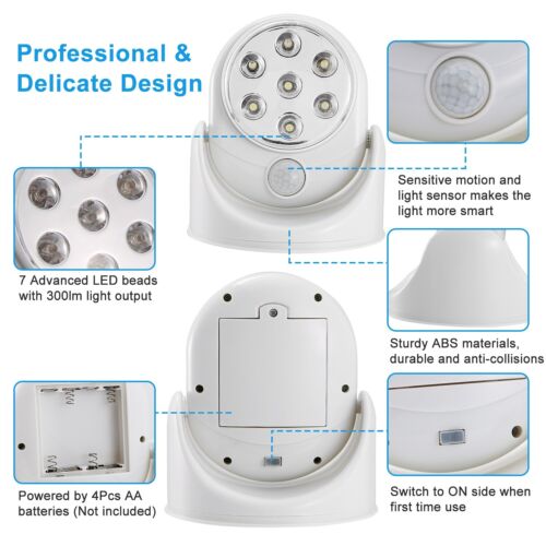 7 LED Adjustable Motion Light Activated Sensor Indoor Outdoor Cordless Battery - Picture 8 of 12