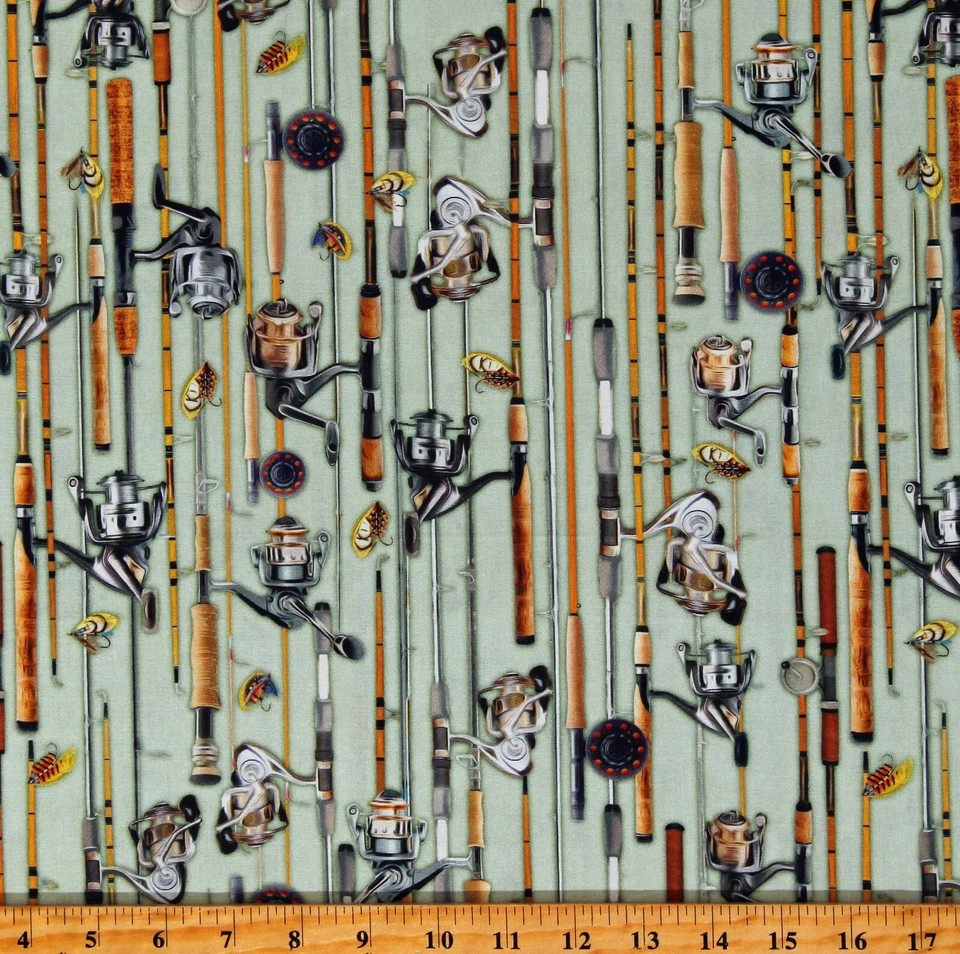 MICHAEL MILLER FABRICS Cotton Fishing Poles Rods Gear Keeping It Reel Sage Fabric Print by Yard D680.89