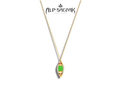 Alp Sagnak Necklace 14 K Yellow Gold Skull Pendant Diamonds Rubies Green Mosaic