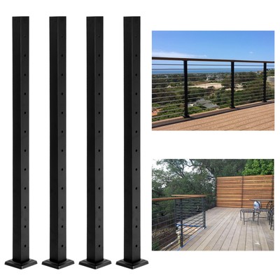 2-4pcs Cable Railing Post Deck Railing 41''x2''x2'' Black Post w/ Pre-Drilled Holes