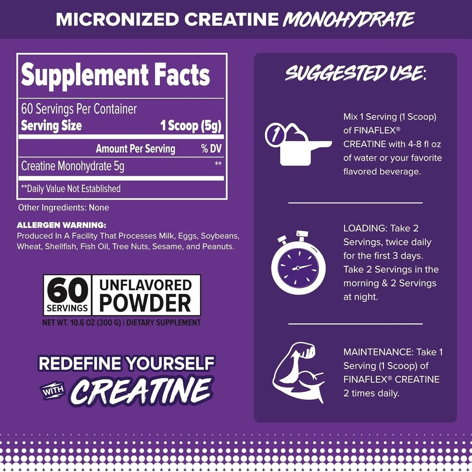 Finaflex Pure Micronized Creatine Monohydrate Unflavored 300 Gram 60 Serving New - Image 2 of 4