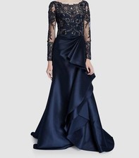 2785 Badgley Mischka Women's Blue Long-Sleeve Lace Illusion Gown Dress Size 0