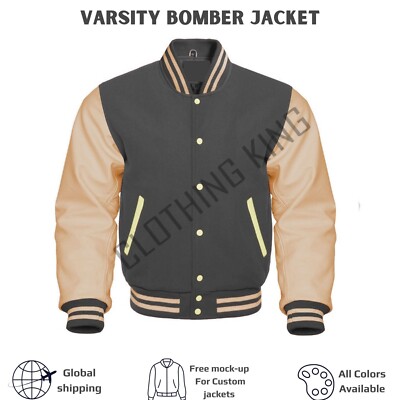 Letterman College Varsity  Dark Grey Wool & Genuine Cream Leather Sleeve Jacket