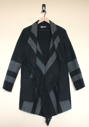 Diane Von Furstenberg Wool Jacket Coat DVF Gray Black Fringe Size Small
