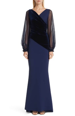 CHIARA BONI Navy Blue Velvet Mesh Sheer Sleeve Jersey Dress Gown Dress 42 = 6 US