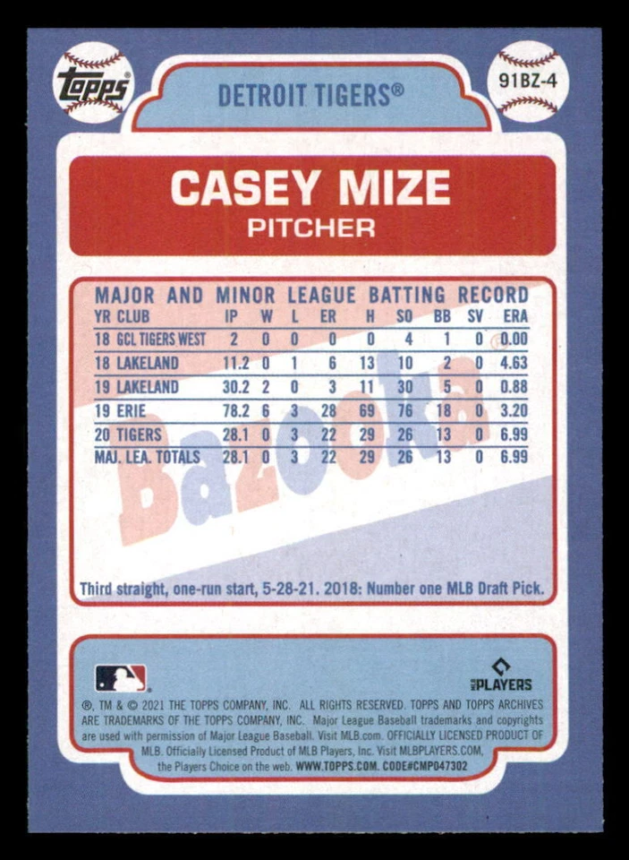 2021 Topps Archives '91 Bazooka Shining Stars #91BZ4 Casey Mize (ref 224825) - Image 2 of 2