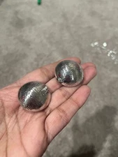 Clip On silver Studs Big Earrings Vintage Style  Metal Chunky Statement  Round