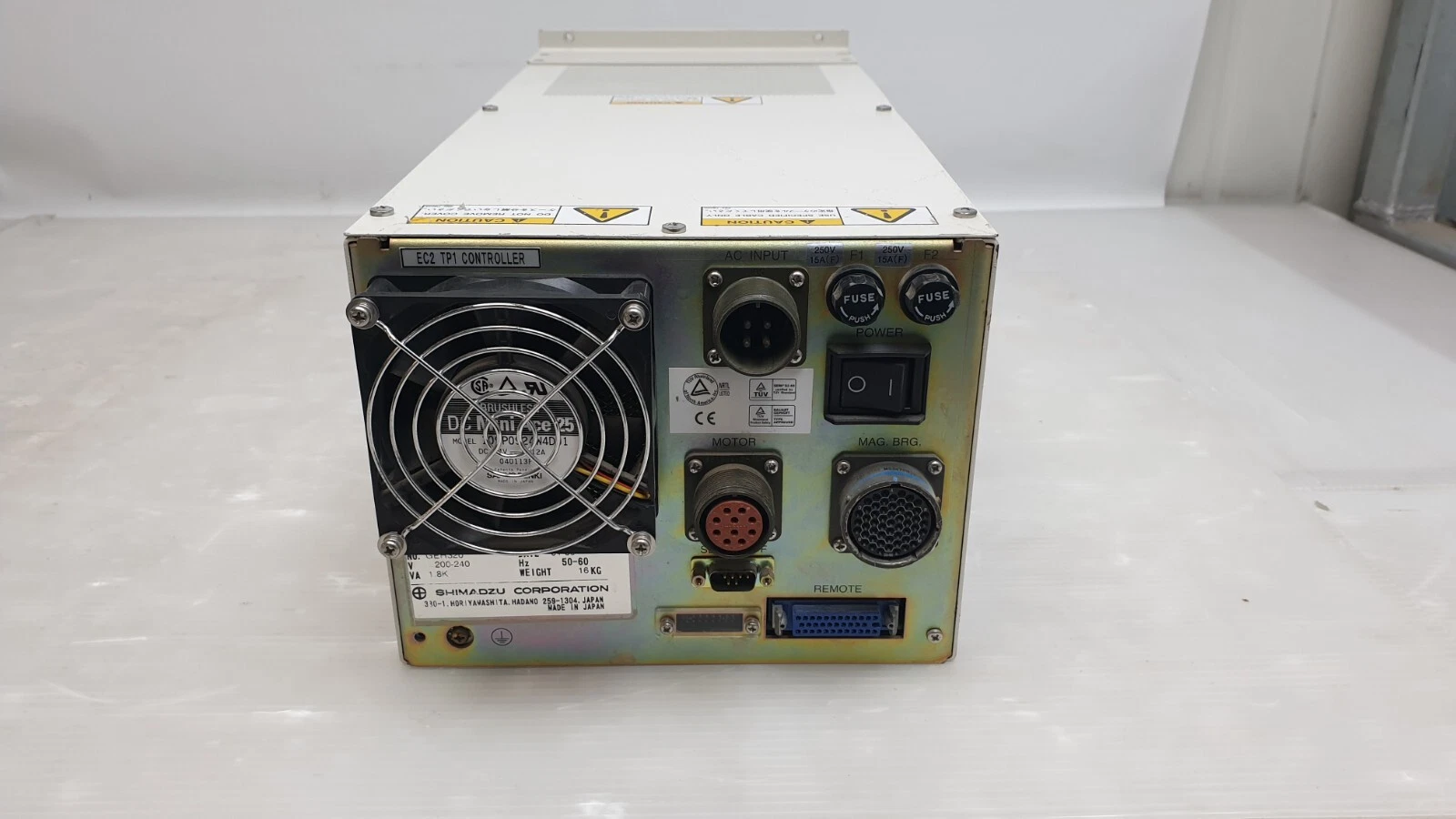 Rear of the EI-3203MD with fan, AC input, fuses, MOTOR and MAG. BRG. connectors
