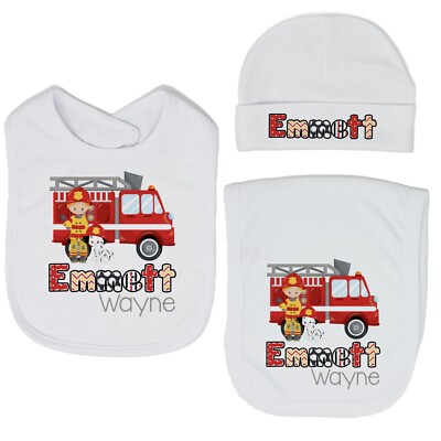Baby Boy Personalized Custom Fireman Fire Truck Bib and Burp Cloth Set VS2