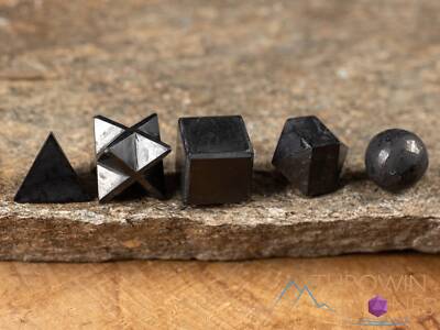 SHUNGITE Crystal Sacred Geometry Set - Crystal Sphere, Cube, Merkaba - Kit E2146