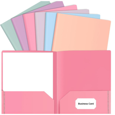 6 Pack Colored File Folders with Pockets and Business Card Holder, Pastel Decora