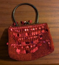 Christopher Inge Evening Purse Handbag Red Beaded Sequined Metal Handles