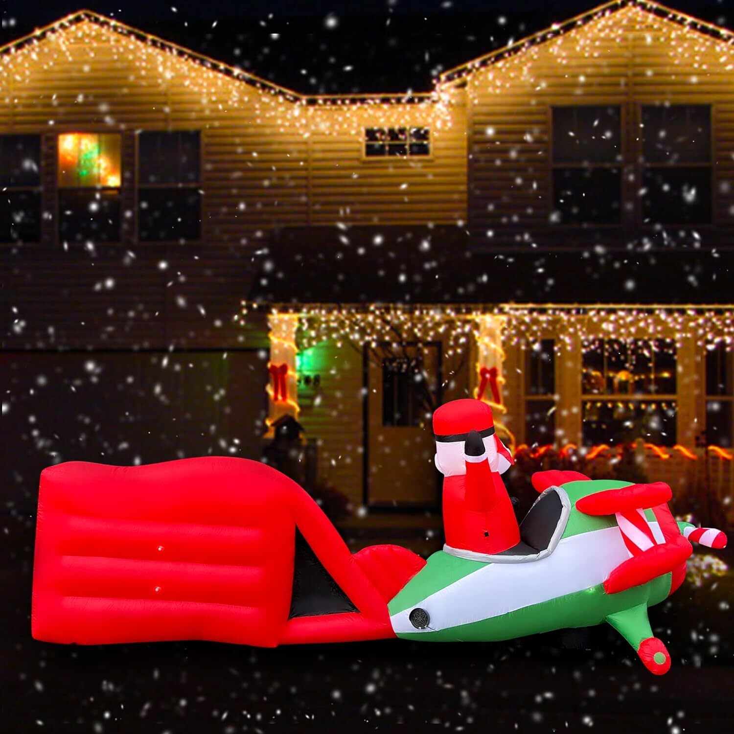 Christmas Santa Flying Airplane Inflatable with LED Lights, Yard Decor