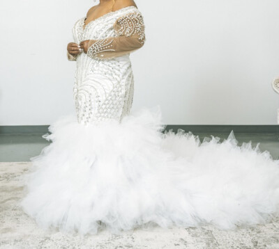 South African Mermaid Wedding Dress Plus Size Open Back Beading Crystals  Trumpet