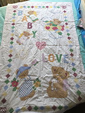 Handstitched Embroidered Crib Quilt, Oversized, Teddy Bears Theme, Multicolor,