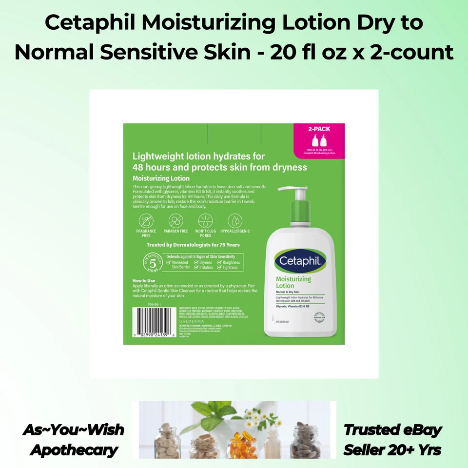 Cetaphil Moisturizing Lotion 20 oz x 2 Pack Face & Body Sensitive Skin Hydration - Image 2 of 3