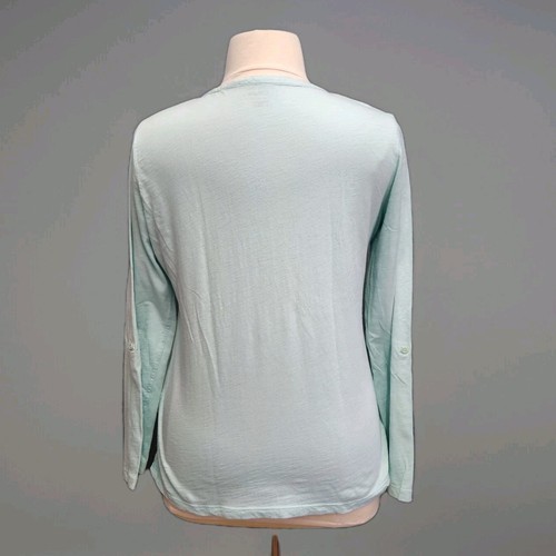 L L Bean Mint Green Cotton Roll Tab Sleeve Pintuck Knit Top Large - Picture 3 of 10