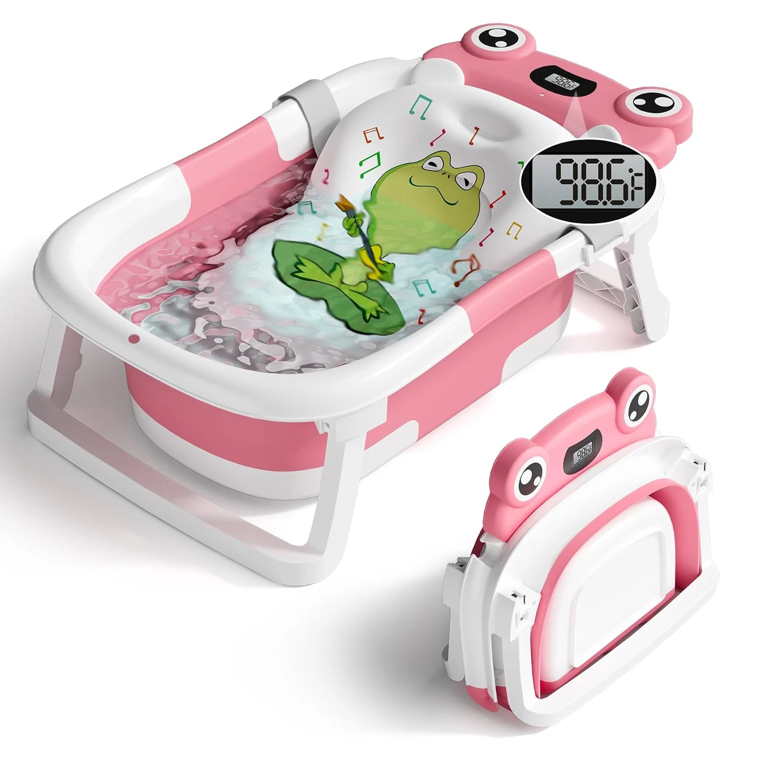 Collapsible Baby Bathtub, Bath Tub for 0~24 Months with Soft Cushion Thermometer