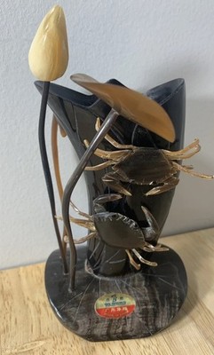 Vintage ASIAN CARVED HORN SEA SCULPTURE w/ Crabs, Sea Plant, Carved Horn Vase