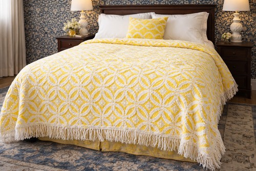 Vintage Lemon Yellow Chenille Bedspread Full 84x88 Geometric