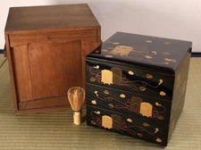 Japanese Lacquer 3-Tier Traditional Lunch Boxes Jubako 8.7inch Gold Kaioke Makie